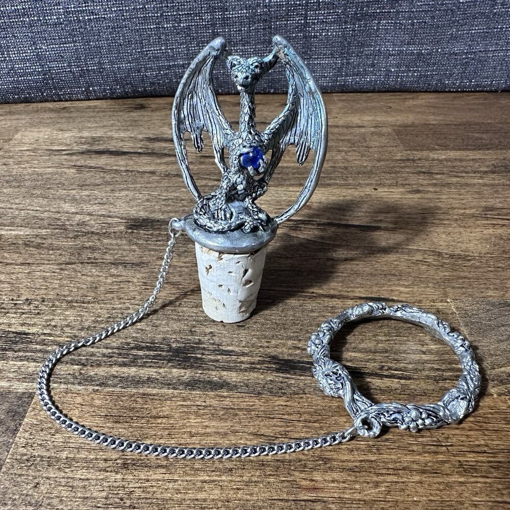 Vintage Fellowship Foundry Pewter Dragon Wine Bottle Cork Stopper & Ring- O'hare